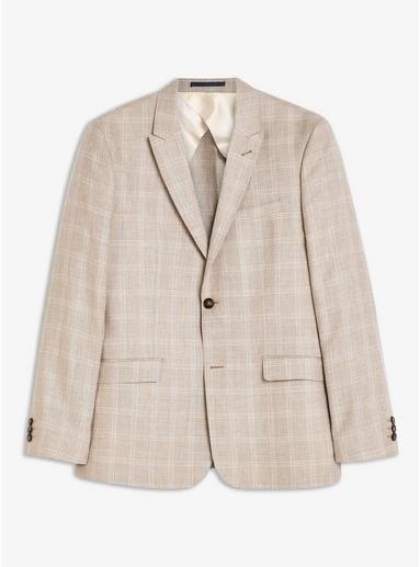 Topman Mens Beige Stone Skinny Fit Premium Check Single Breasted Blazer With Peak Lapels