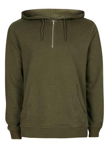 Topman Mens Green Khaki Half Zip Hoodie
