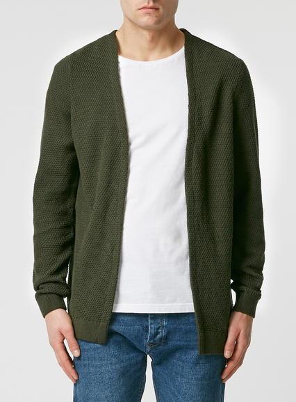 Topman Mens Green Khaki Textured Open Cardigan