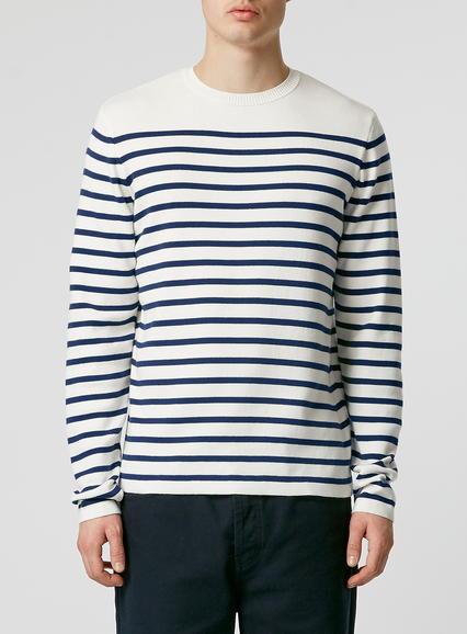 Topman Mens Cream Navy Breton Stripe Crew Neck Sweater