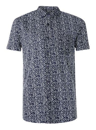 Topman Mens Blue Navy And White Print Short Sleeve Casual Shirt