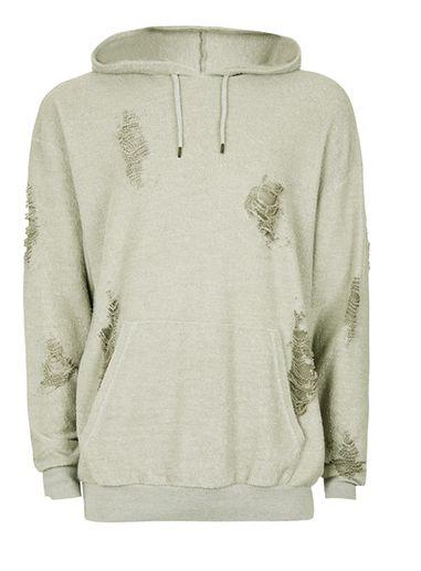 Topman Mens Mid Grey Grey Ripped Classic Fit Hoodie