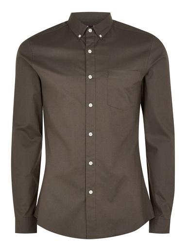Topman Mens Grey Gray Stretch Long Sleeve Oxford Shirt