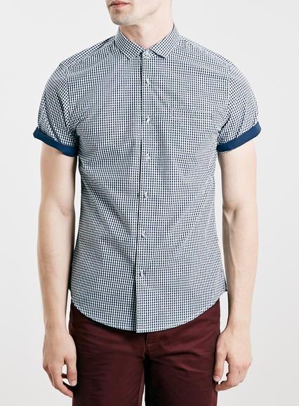Topman Mens Blue Navy Gingham Contrast Button Down Short Sleeve Smart Shirt