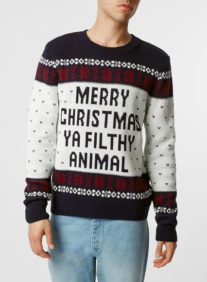 Topman Mens Blue Navy Merry Christmas You Filthy Animal Sweater
