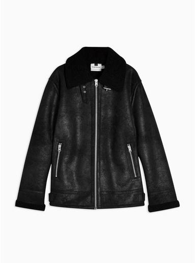 Topman Mens Black Faux Shearling Aviator Jacket