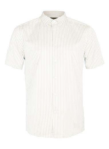 Topman Mens Brown Stone And White Bengal Stripe Short Sleeve Dress Shirt