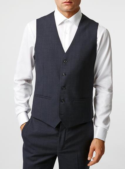 Topman Mens Blue Navy Wool Blend Crosshatch Suit Waistcoat