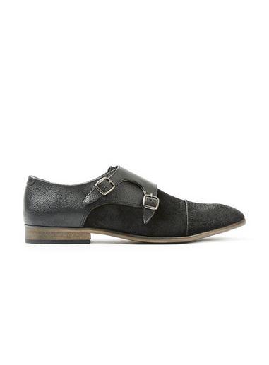 Topman Mens Black Leather Monk Shoes