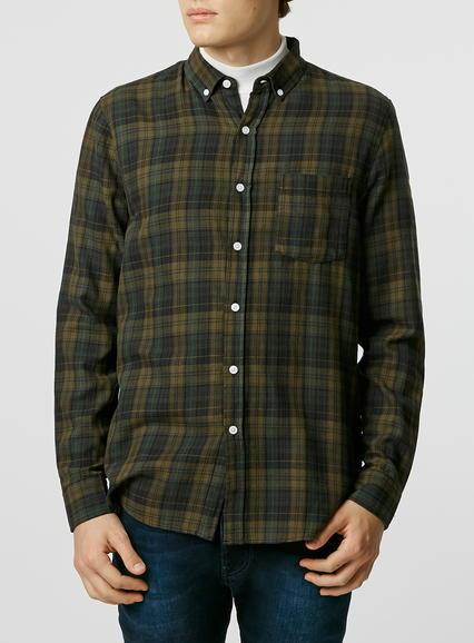 Topman Mens Green Khaki Check Long Sleeve Casual Shirt