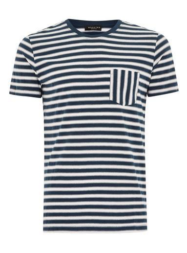 Topman Mens White Selected Homme Stripe Chest Pocket Organic Cotton T-shirt