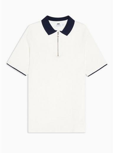 Topman Mens Cream Off White And Navy Interlock Polo