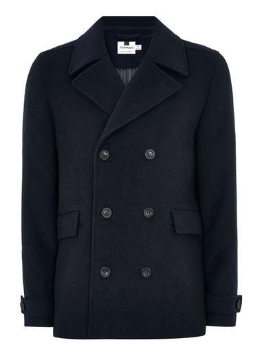 Topman Mens Navy Pea Coat With Wool