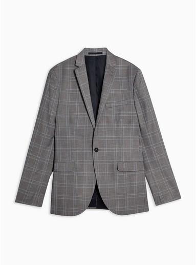 Topman Mens Grey And Blue Check Single Breasted Skinny Fit Blazer With Notch Lapels