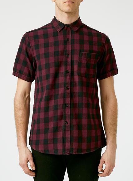 Topman Mens Red Burgundy And Black Buffalo Check Short Sleeve Shirt