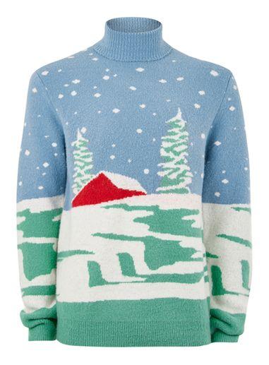 Topman Mens Blue Ski Scene Roll Neck Sweater