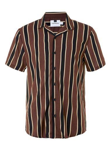 Topman Mens Brown, Cream And Black Stripe Revere Collar Shirt