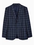 Topman Mens Navy Slim Fit Windowpane Check Single Breasted Blazer With Notch Lapels