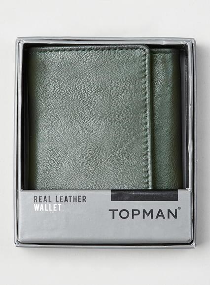 Topman Mens Green Khaki Leather Trifold Wallet