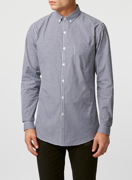 Topman Mens Blue Navy Gingham Button Down Long Sleeve Smart Shirt