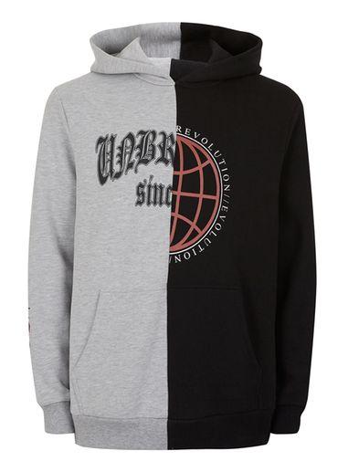 Topman Mens Grey And Black Unbroken Revolution Print Spliced Hoodie