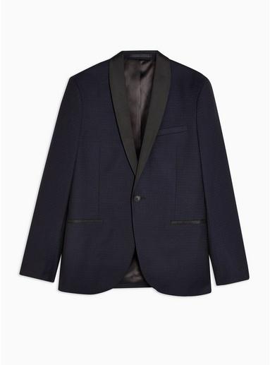 Topman Mens Navy Pindot Skinny Fit Single Breasted Suit Blazer With Satin Covered Shawl Lapel