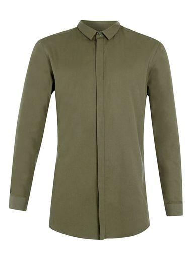 Topman Mens Green Khaki Oxford Long Sleeve Dress Shirt