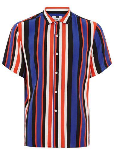Topman Mens Blue, Red And Black Stripe Revere Shirt