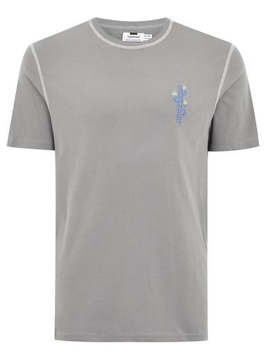 Topman Mens Grey Gray Embroidered Cactus T-shirt