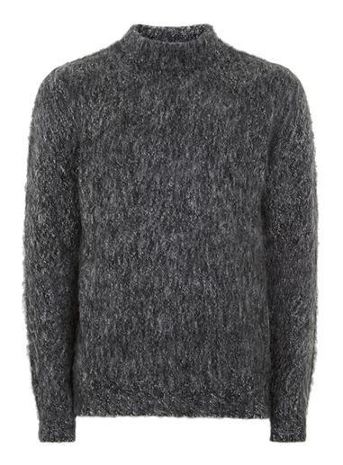 Topman Mens Grey Charcoal Gray Mohair Turtle Neck Sweater