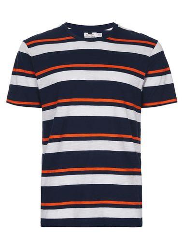 Topman Mens Dark Blue Navy And Orange Stripe T-shirt