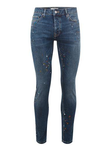 Topman Mens Mid Blue Paint Splat Skinny Jeans