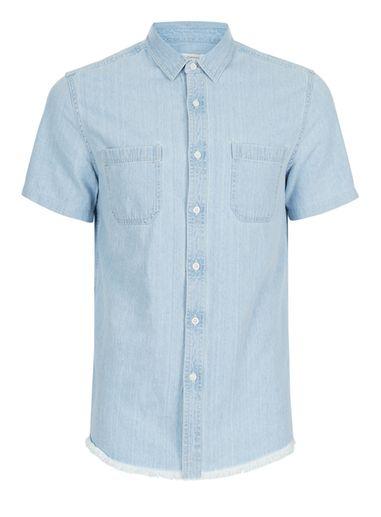 Topman Mens Blue Stone Wash Raw Hem Denim Shirt