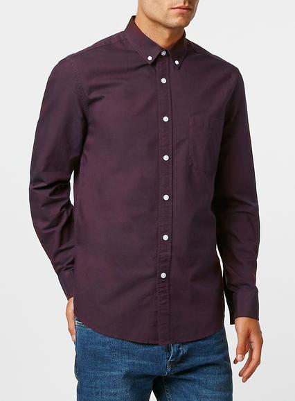 Topman Mens Red Burgundy Oxford Long Sleeve Casual Shirt