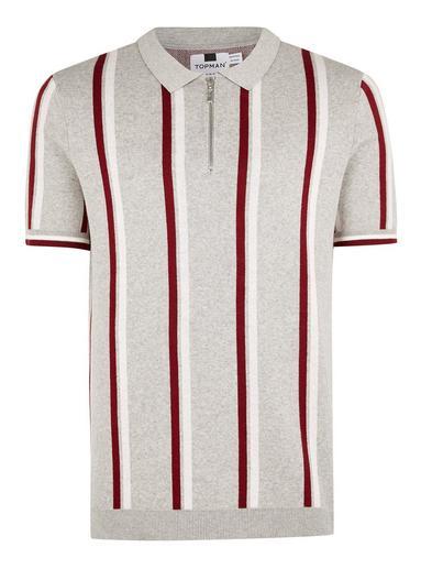 Topman Mens Grey Stripe Zip Roll Neck Jumper