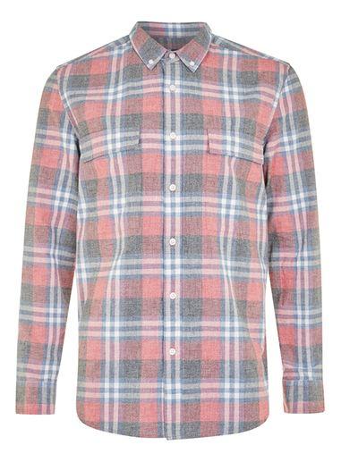 Topman Mens Red And Navy Check Long Sleeve Shirt