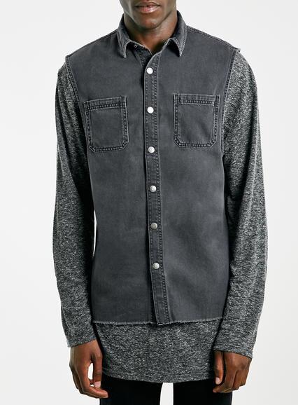Topman Mens Black Washed Denim Sleeveless Casual Shirt