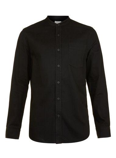 Topman Mens Black Denim Stand Collar Casual Shirt