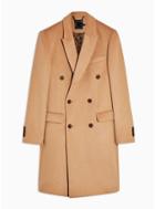 Topman Mens Brown Camel Double Breasted Coat With Wool