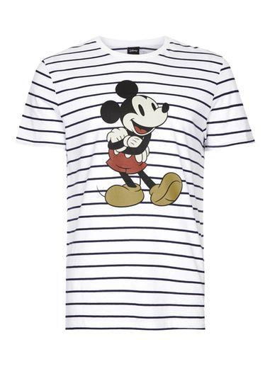 Topman Mens Blue Navy And White Stripe Mickey Mouse T-shirt
