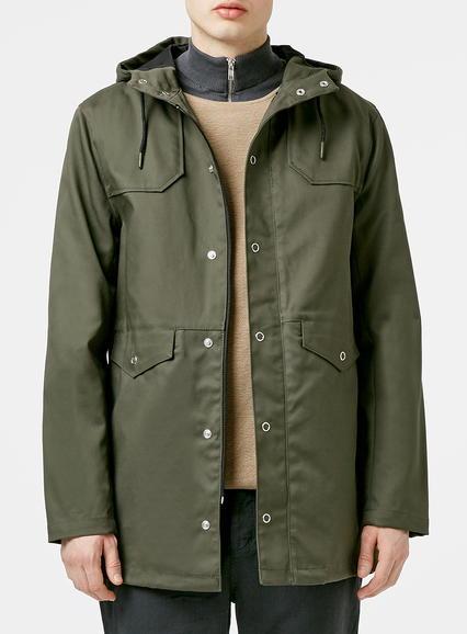 Topman Mens Green Khaki Bonded Cotton Parka