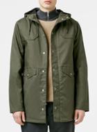 Topman Mens Green Khaki Bonded Cotton Parka