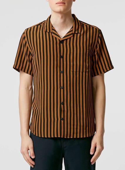 Topman Mens Brown Camel Bold Stripe Short Sleeve Dress Shirt