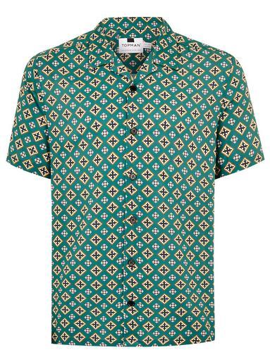 Topman Mens Green Fleur De Lis Short Sleeve Shirt