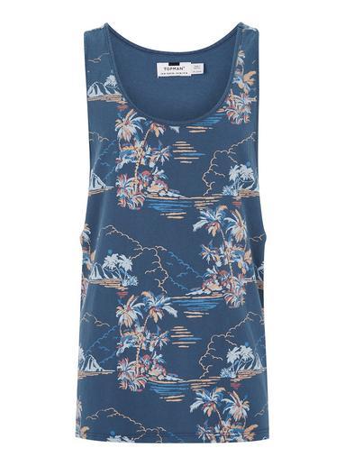 Topman Mens Navy Beach Print Tank
