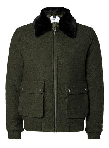 Topman Mens Green Khaki Wool Mix Flight Jacket