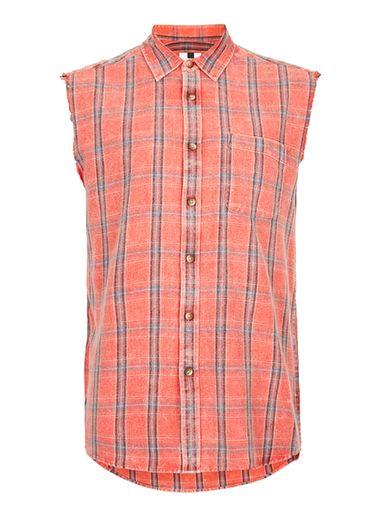 Topman Mens Grey Sleeveless Orange And Red Check Shirt