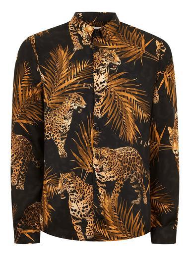 Topman Mens Black Leopard Print Long Sleeve Shirt