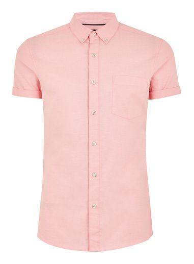 Topman Mens Salmon Pink Muscle Short Sleeve Oxford Shirt