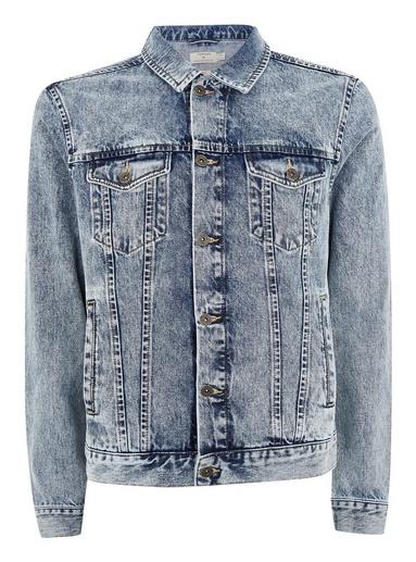 Topman Mens Blue Embroidered Mid Wash Denim Jacket